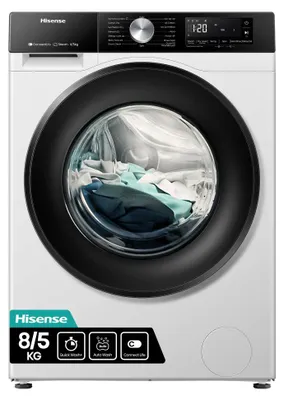Produktbild von Hisense WD3S8043BW3, Frontlader, Freistehend, Weiß, Links, Grau, Tasten, Drehregler