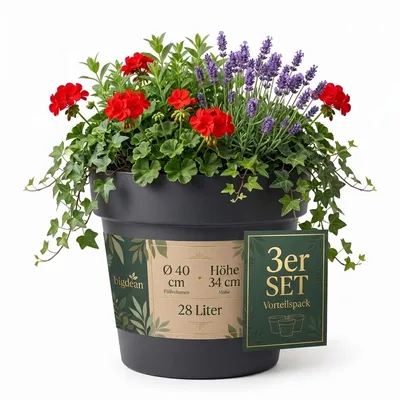 Produktbild von BigDean 3 Stück Blumentopf ø 40 cm Classic anthrazit Pflanzkübel groß außen | -mit Wasserspeicher - wetterfester Kunststoff - große Pflanzkübel