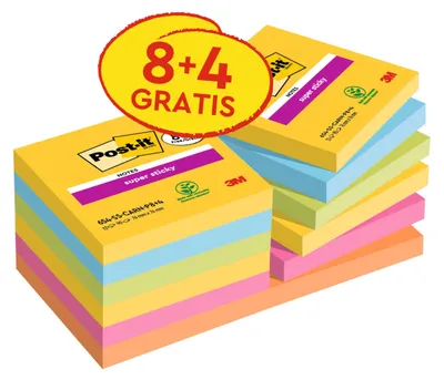 Produktbild von Post-it Super Sticky Notes, 8 + 4 Gratis-Blöcke (1080 Blatt), 76 mm x 76 mm