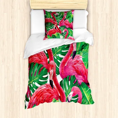 Produktbild von ABAKUHAUS Flamingo Mantele, Retro exotische Blätter, Milbensicher Allergiker geeignet mit Kissenbezügen, 135 cm x 200 cm - 80 x 80 cm, rosa-Grün