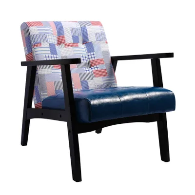 Produktbild von Retro-Holzsessel, Kunstleder + Kunstleinen, blaues Karomuster