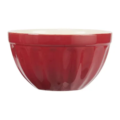 A red ceramic bowl with a cream interior, shown against a white background.