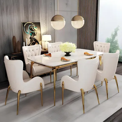 Produktbild von Luxus Esstisch Leder Edelstahl Marmor Imitation Stein Tisch Esszimmer 140x80cm