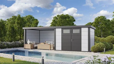 Produktbild von Gartenhaus Classico 3030 inkl. Lounge 3330 links mit Seitendach, Rück- und Seitenwand 662 x 318 cm weiß