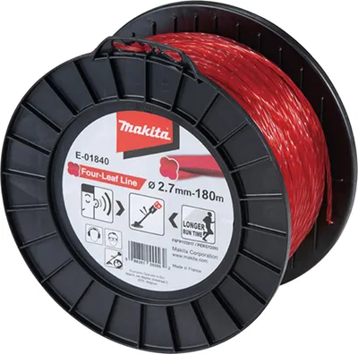 A spool of red trimmer line on a black plastic spool, with product information printed on a label.