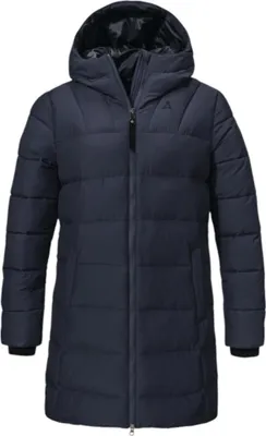 A navy blue puffer jacket with a hood.