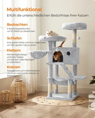 A multi-level cat tree with two cats, set in a room with decorative baskets and a rug.