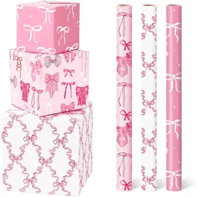 Productafbeelding van Cadeaupapier met strikpatroon, 3 rollen, roze, 43 cm x 3 meter