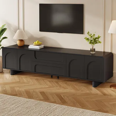Produktbild von Merax TV-Schrank TV Lowboard mit 4 Türen und 2 Schubladen, modernes TV-Möbel mit Kabelmanagement, Fernsehtisch abgerundetes Design, Wohnzimmer,Schwarz