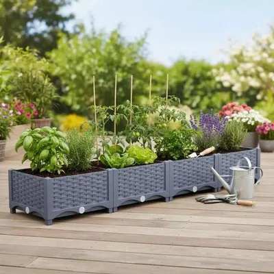 Zdjęcie produktu dla Podwyższona grządka – skrzynka do uprawy roślin – 160x40x23 cm – polipropylen – do użytku na tarasie i balkonie – odporna na warunki atmosferyczne