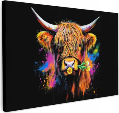 Produktbild von Leinwand Bilder 120x80 cm - Graffiti - Schottisches Hochlandrind, Wandbilder, Wanddeko Wohnzimmer, Bild