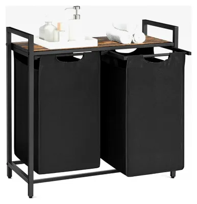 Produktbild von Wäschekorb mit 2 Fächern, Wäschesammler mit Ablage, Wäschebox aus Oxford-Gewebe, abnehmbarer Wäschesack, Metallrahmen, 2 x 46 L, 73 x 33 x 72 cm, tintenschwarz-vintagebraun