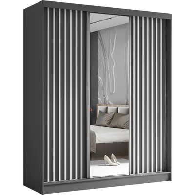 Produktbild von Schwebetürenschrank HELIX 180 cm Graphit /Weiß – 3-türig, Kleiderschrank mit Schubkasteneinsätze, Lamellen & Spiegel & Schiebetüren