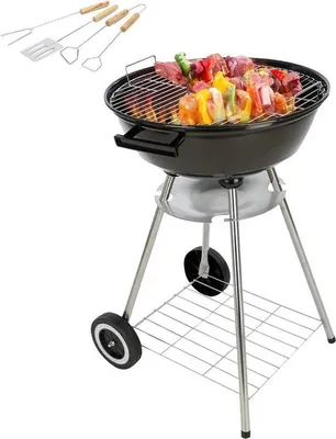 Zdjęcie produktu dla Grill na węgiel drzewny z akcesoriami, 50 cm x 49 cm x 73 cm, czarny/srebrny – w zestawie ruszt i akcesoria do grillowania