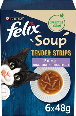 Produktbild von FELIX Soup Tender Strips, Suppe für Katzen, Gemischte Vielfalt, 8er Pack (8 x 6 à 48g)