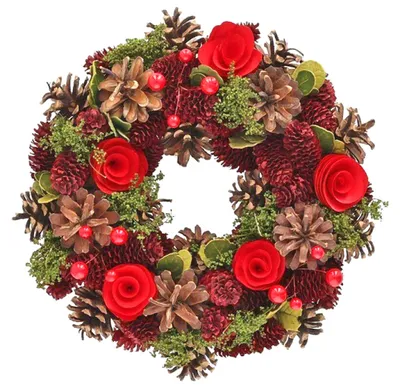 Produktbild von Roter Weihnachtskranz 26 cm, reich verziert mit Tannenzapfen, Beeren und Rosen