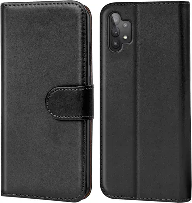 A black flip case for a smartphone is shown from the front and back.