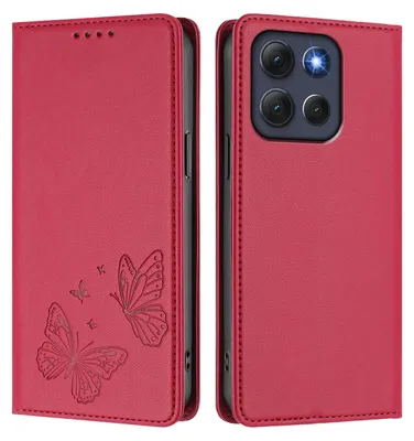 Produktbild von Lederhülle für Motorola Moto G86, Schmetterling Prägung Leder Brieftasche Schutzhülle mit Ständer Rot