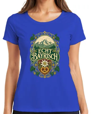 Imagen del producto de Camiseta para mujer, diseño de los Alpes bávaros, con motivos de edelweiss, pretzel, lúpulo, lederhosen y dirndl. Color azul, talla XXL