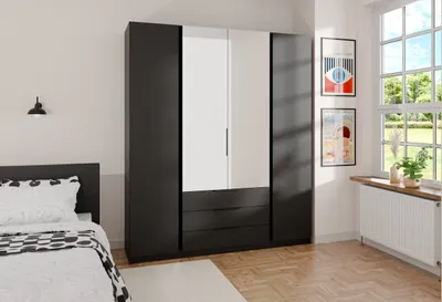 Produktbild von Geräumiger Drehtürenschrank KAYA XIV 200 cm, Kleiderschrank mit Spiegel & Schubladen(Farbe: Schwarz)