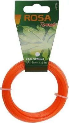 A spool of orange trimmer line is attached to a green and white product card.