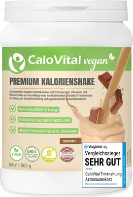 Produktbild von Hochkalorische Trinknahrung Vegan Kalorien Shake zum Zunehmen mit Kohlenhydrate Protein Vitamine & Mineralstoffe Hochdosiert | CaloVital 500 g Schoko