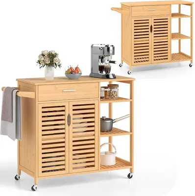 Imagen del producto de Carrito de cocina con ruedas, isla de cocina con cajones, toallero, estanterías abiertas, carro de servicio con ruedas, carro de cocina de madera, dimensiones: 104 x 40 x 89 cm