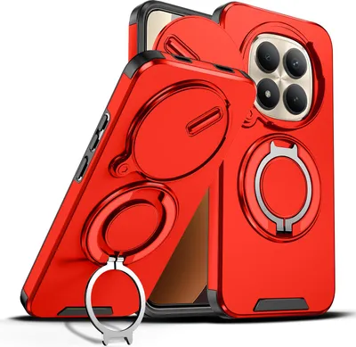 Immagine prodotto di Custodia a doppio strato per Xiaomi Redmi Note 15 Pro+, con copertura scorrevole per la fotocamera e supporto magnetico ad anello Rosso