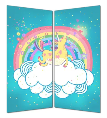 Produktbild von Wallario selbstklebende Duschrückwand 180 x 180 cm mit Motiv Lustiges Einhorn auf einer Wolke vor Regenbogen - Wandverkleidung mit Hochglanzlaminat in Glasoptik