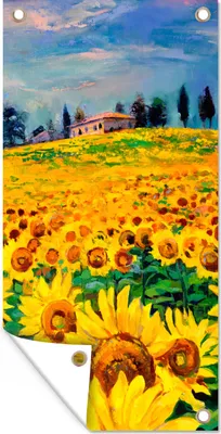 Produktbild von MuchoWow® 40x80 cm Outdoor-Poster Gartendeko Sichtschutz Garten Poster für den Garten  Ölfarbe - Gemälde - Blumen - Sonnenblume