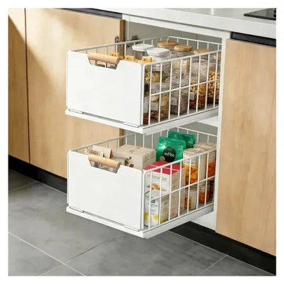 Produktbild von 2 Stück Teleskopschublade Ausziehbare Schublade für die Küche, Organizer mit Schubladenschienen und Kleber, Metall Ausziehschublade für Küchenschränke (40T x 25B x 18H CM) - Ohne Bohren