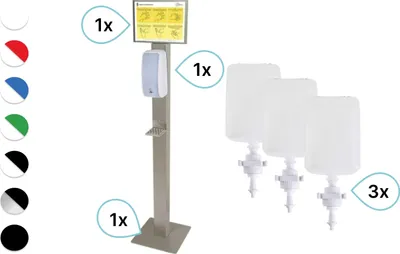Produktbild von SET: Desinfektionsspender SENSOR Cosmos +Bodenständer Edelstahl +Infotafel +3x 1-Liter Hautdesinfektion +prof. Hygieneplan : Farbe - Weiß Farbe: Weiß