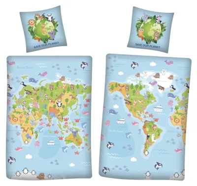 Image de Save our Planet Carte du Monde Réversible Literie 80 x 80 cm + 135 x 200 cm 100% Coton