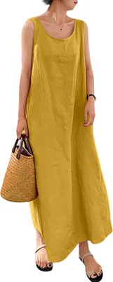 Produktbild von ASKSA Damen Ärmellose Sommerkleid Baumwolle Leinen Kleid Lang Freizeitkleid Locker Strandkleid mit Taschen, Gelb, M