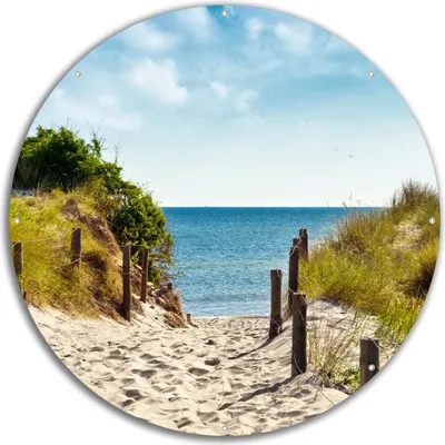 Produktbild von Wallario rundes Outdoor-Poster für Garten oder Balkon, Motiv Auf dem Sandweg zum Strand, 60 cm Durchmesser