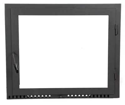 Immagine prodotto di Porta forno per pizza 65x42 cm con vetro resistente al calore, acciaio con flangia e cerniera destra, ideale per camino o forno 650×420 mm.