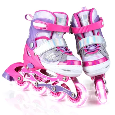 Produktbild von KOMFOTTEU Kinder Inliner mit LED-Rollen, 4 Größen verstellbare Inline Skates für Mädchen & Jungen, Schmetterling Rollschuhe mit Klettverschluss & Fersenbremse, Rollerblades für drinnen & draußen(M)