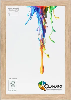 A wooden picture frame with a colorful paint splash design inside.
