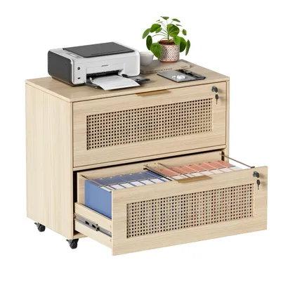 A light wood filing cabinet with two drawers, one open, displaying files. A printer, a plant, and some books are on top.