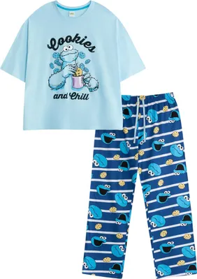 Obrázek produktu pro Sesame Street - Dámské pyžamo s dlouhými kalhotami a krátkým rukávem NS9238 (M) (Modrá)