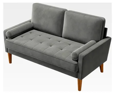 Produktbild von Zweisitzer Sofa aus Samt, kleines Sofa mit 2 Kissen, modernes Mini Sofa, getuftetes Sofa für Wohnzimmer, Schlafzimmer, Büro, Wohnung, 121 x 77 x 87 cm, Grau