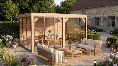 Produktbild von weka Gartenlaube Lumley, 499x307 cm, 2xWand, 2xGlaselemente, 2xSchiebetüren, Naturbelassen