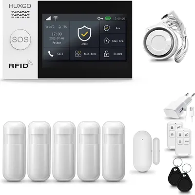 Produktbild von HUXGO HXA007 Alarmanlage Haus WiFi + GSM 4G LTE mit Sirene, Alarm System mit 5x Bewegungssensor und 1x Tür-Fenstersensor, Alarmanlage für Wohnung, Haus, Garage, Tuya Smartlife App