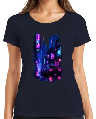 Productafbeelding van Cyberpunk stad, neon, auto, Japan, synthwave, outrun, Y2K, vaporwave, jaren 80, dames T-shirt, marineblauw, maat M
