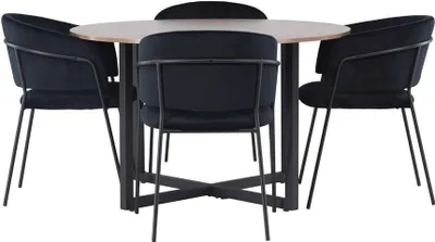 Produktbild von Durango Essgruppe Tisch Nussbaum Nachbildung und 4 Selma Stühle schwarz.