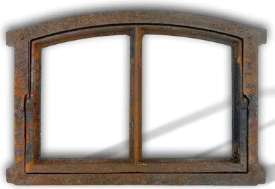 A rusty, antique-style cast iron window frame with two panes, presented against a white background.