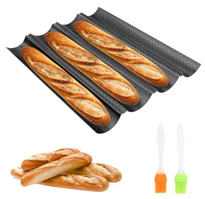 Image de Moule à baguettes pour 4 baguettes, plaque de cuisson perforée, revêtement antiadhésif, idéal pour la cuisson du pain frais