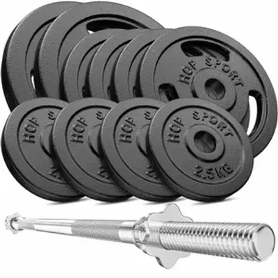 Produktbild von Hop-Sport 59kg Gusseisen Hantel-Set Langhantel Set Langhantelstange 30mm, 1x Langhantel 167cm, Gewichte: 2x10kg, 4x5kg, 4x2,5kg