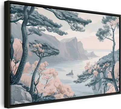 Produktbild von Italienischer Leinwand Leinwandbild - Mountainous  with Trees and Rocks in Light Pastel Blues 90x60 cm Landschaften c-H-10045-b-a
