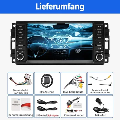Produktbild von Autoradio 2 DIN Navigationsgerät für Jeep Dodge Chrysler Android 15 Carplay Android Auto GPS Navi DAB+ FM Bluetooth 7 Zoll Touchscreen radio+mic+12led cam